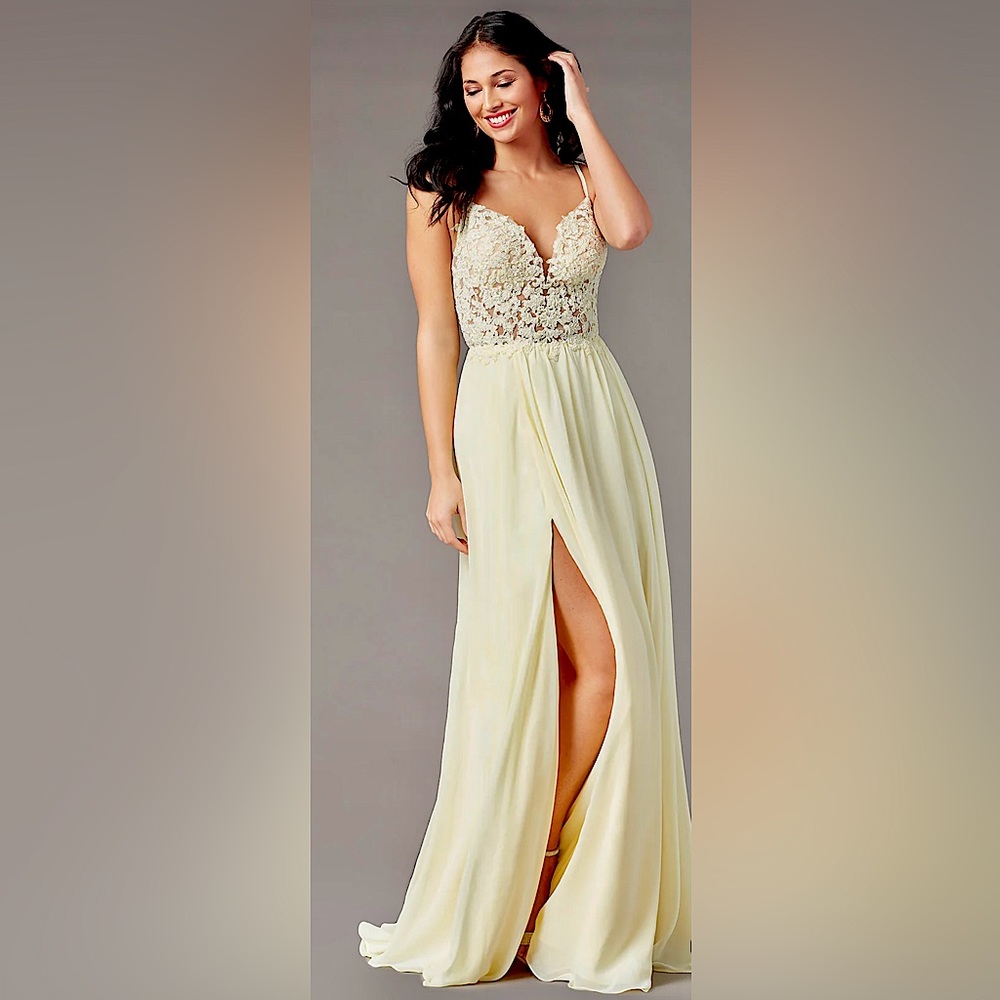 Brand New with tags! Size 2. Floor length, silky chiffon. Color - Banana Split